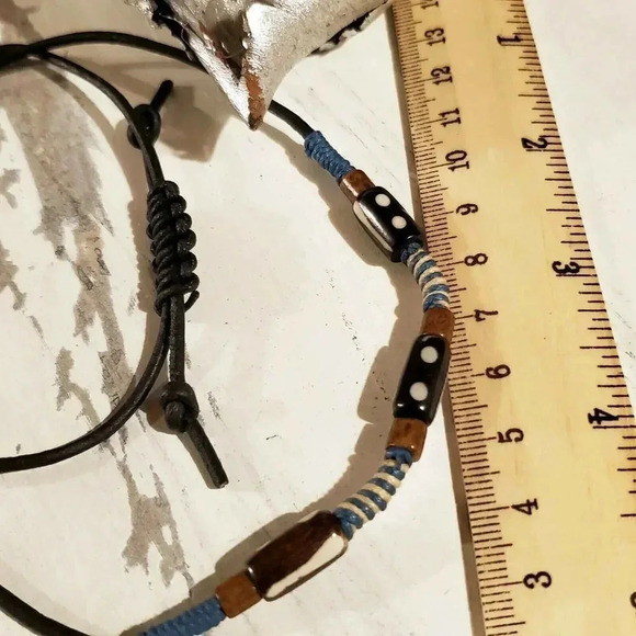 Handcrafted India Tribal Black Brown Cream Blue Yak Bone Leather Necklace - Picture 5 of 5